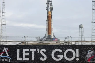 NASA's SLS rocket at launch pad.