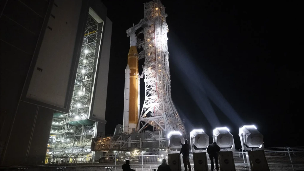 NASA's SLS rocket being moved to the launch pad. 
